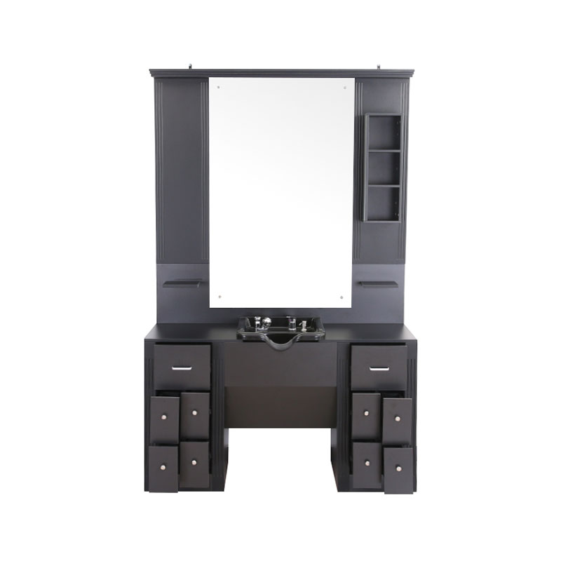 HZ2039 Musta iso meikkipinta, jossa vaaleat kaapit